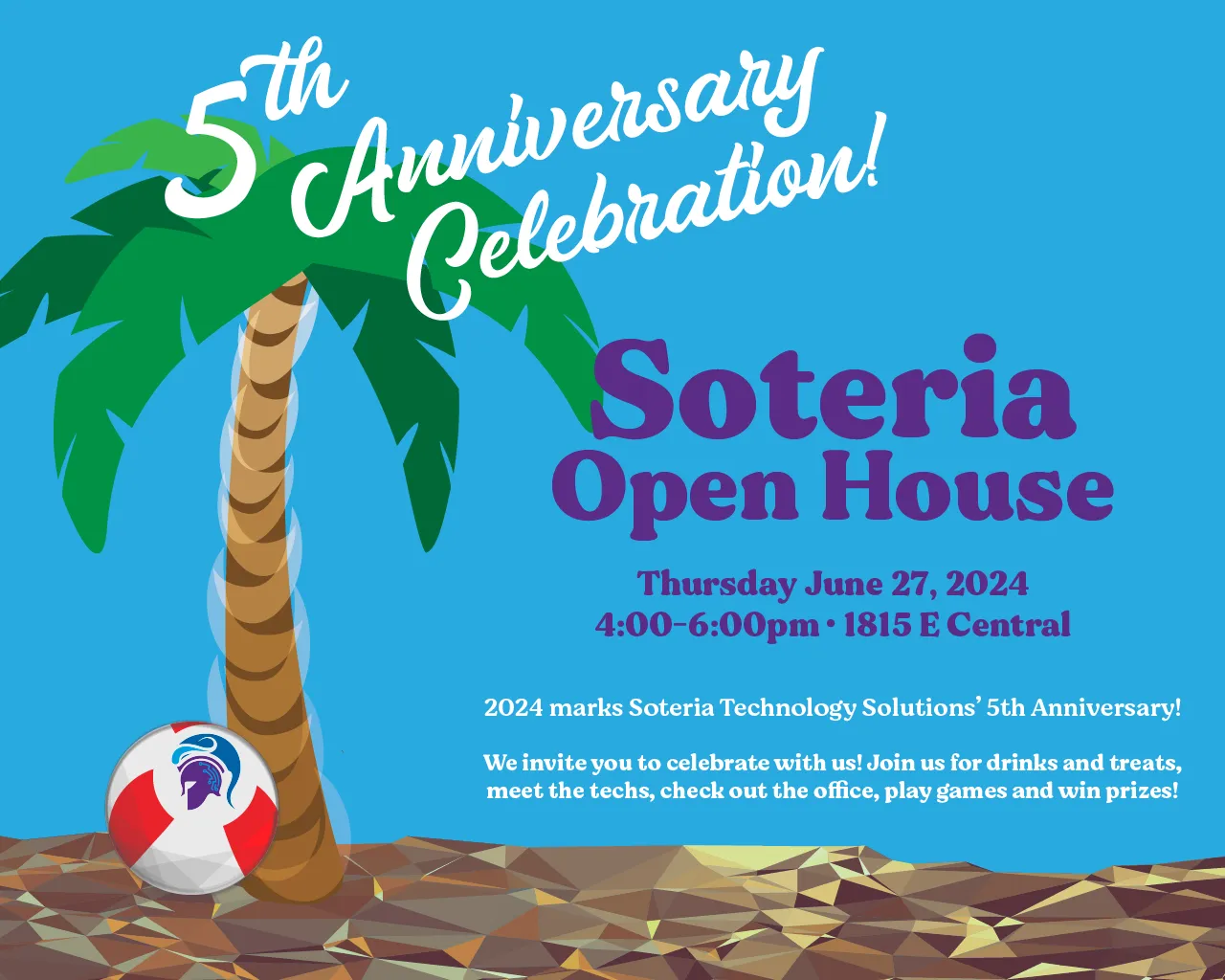 Illustration: palm tree and beach ball on lo-res angular sand with a blue background. Text is an invitation to Soteria's Open House, June 2024