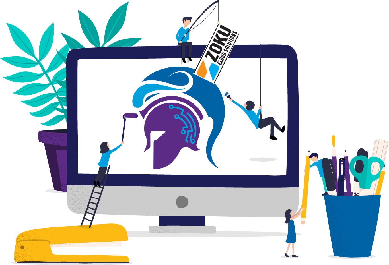 Illustration of little people switching out the Zoku logo for Soteria logo on a laptop.